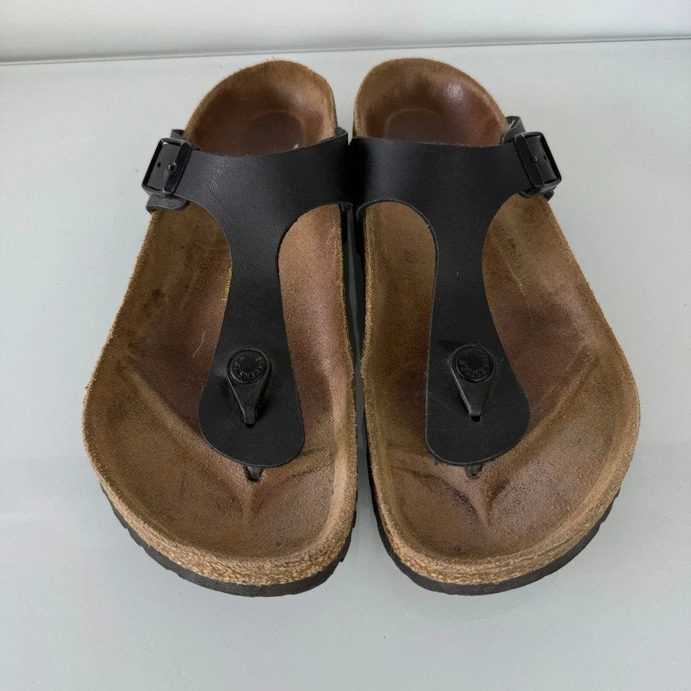 Birkenstock Gizeh Sandals Women 38 Black Birko-Flor Thong Buckle 12146
